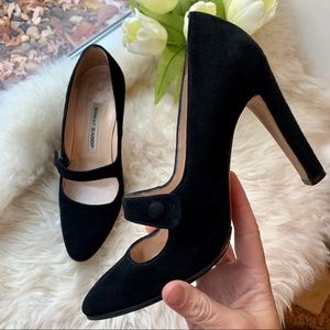 Manolo Blahnik Black Suede Strap Mary Jane Heels
